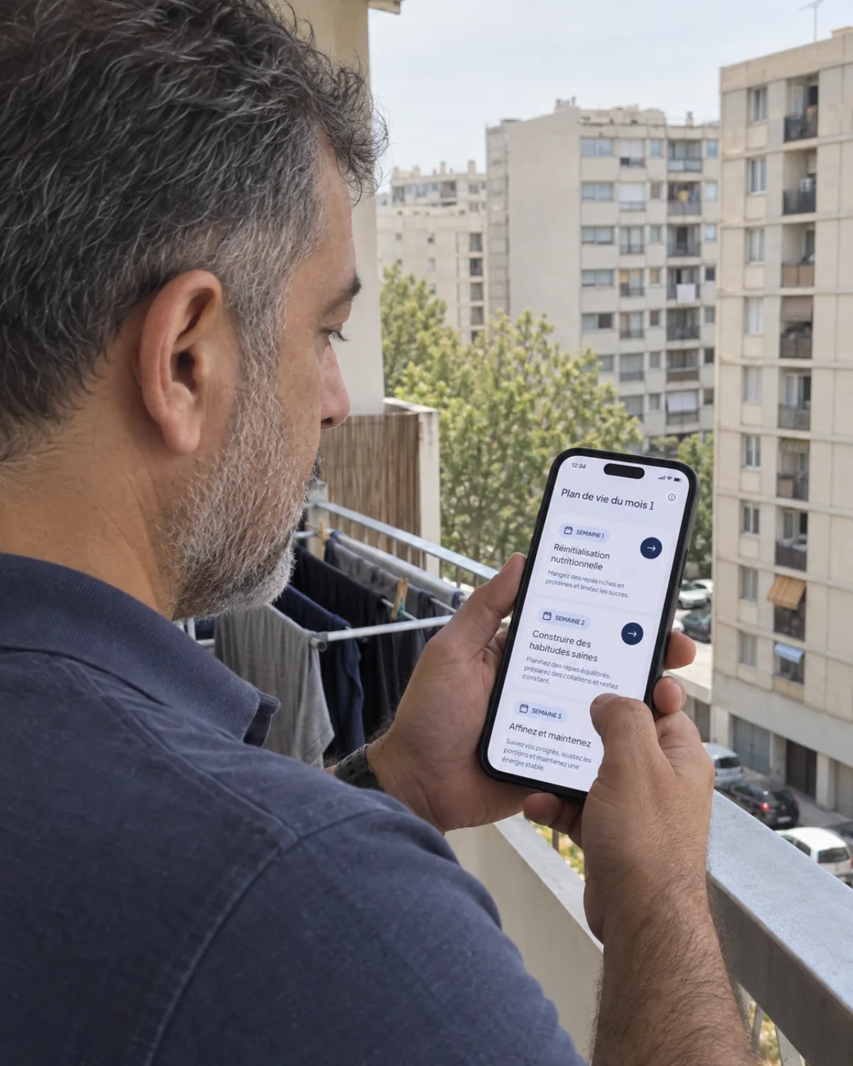 Le plan de vie du mois 1 consulté sur un téléphone, sur un balcon.