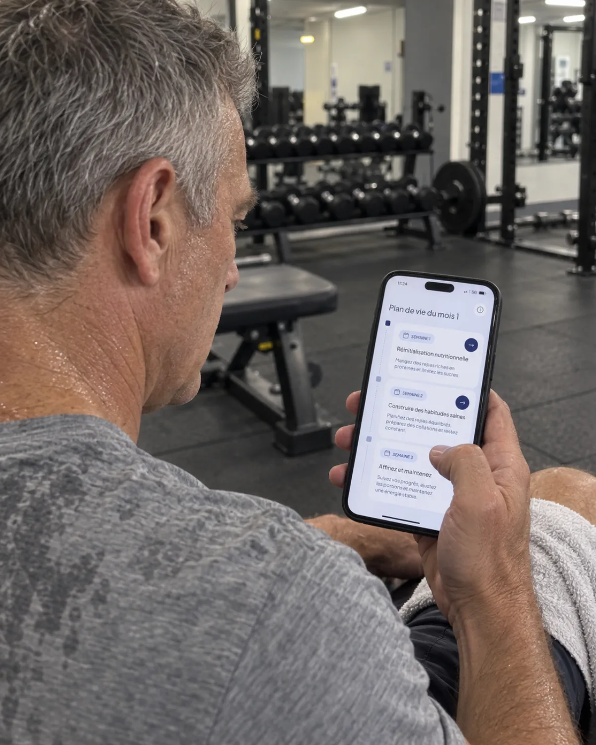 Le plan de vie du mois 1 sur un téléphone, à la salle de sport