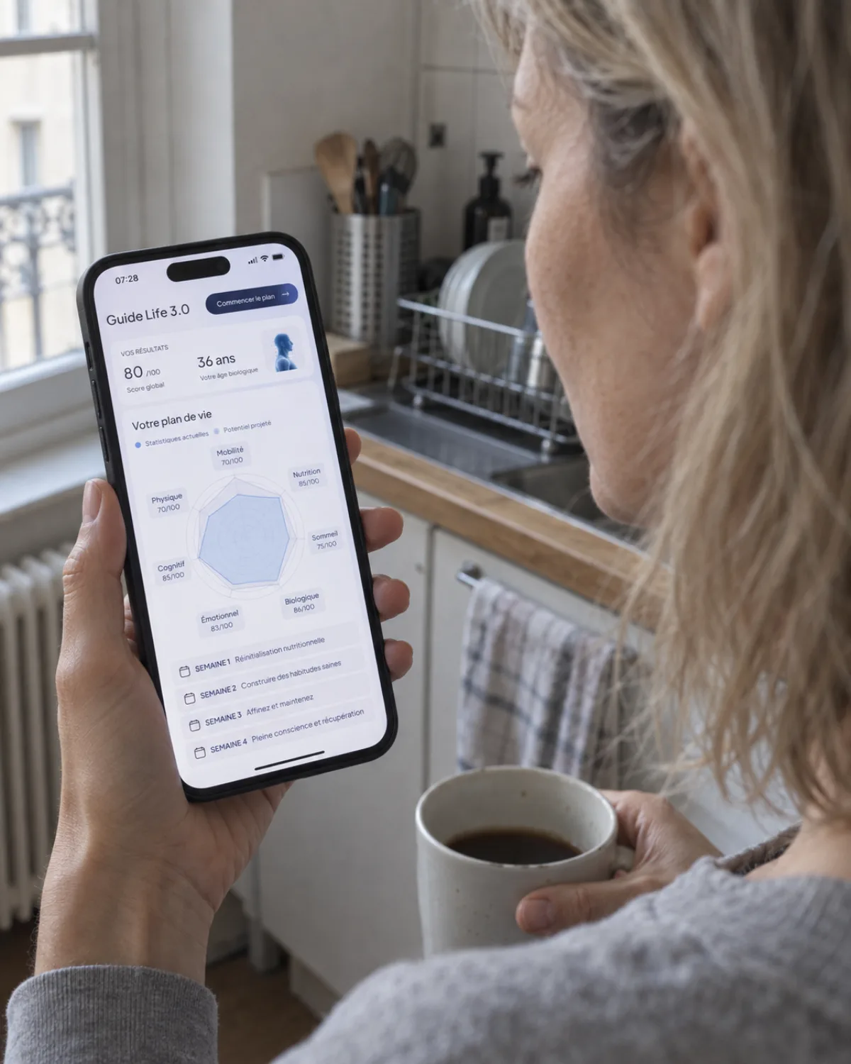 Le Lifescore consulté sur un téléphone dans une cuisine : score de 80/100, âge biologique et radar des 7 piliers.